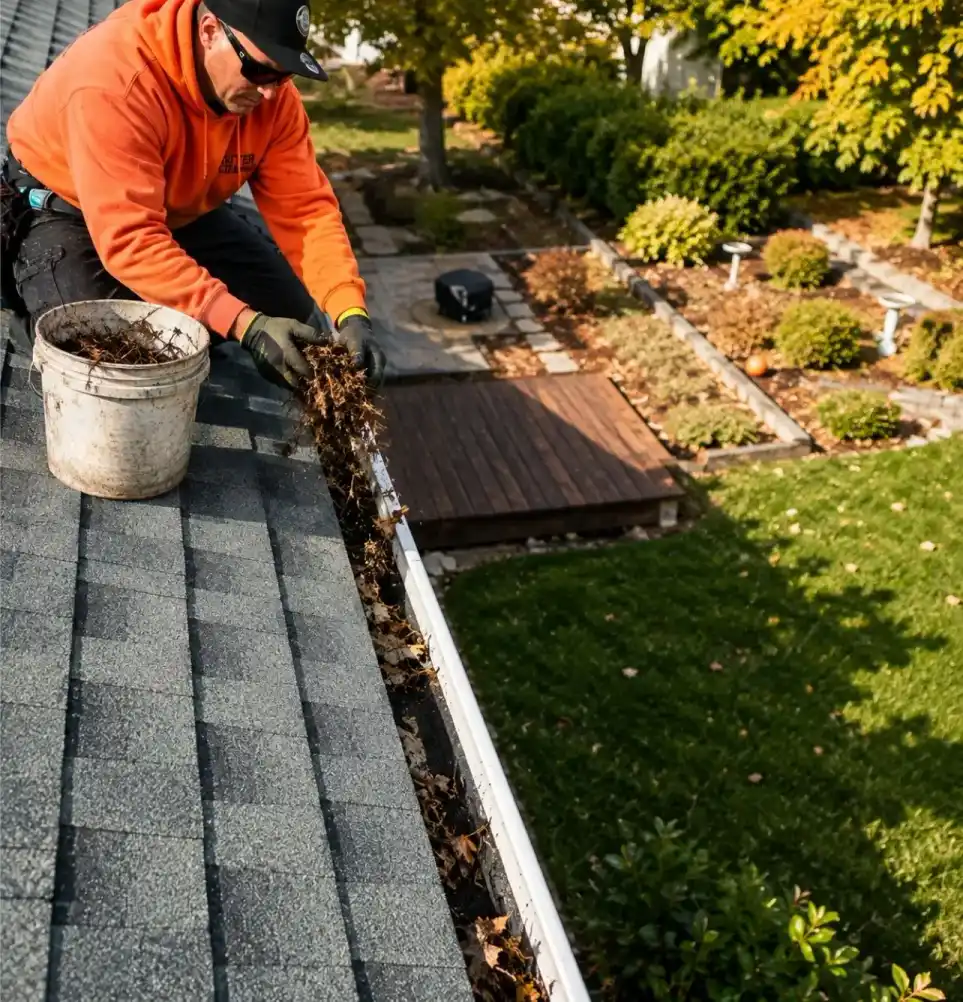 A local Gutter cleaner is cleaning the gutter